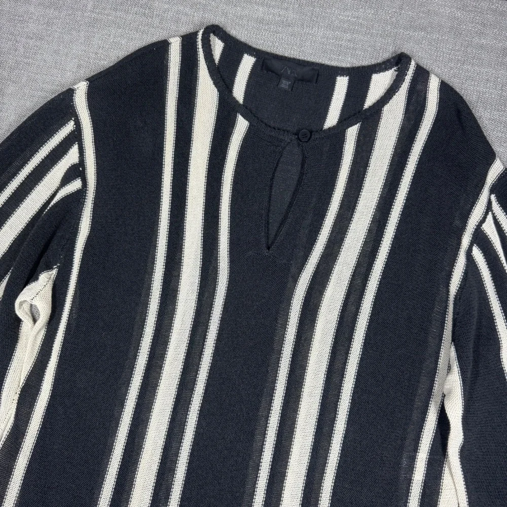 Zara Women Black Cream Striped Linen Blend Knit Tunic Coverup Top Medium Boho